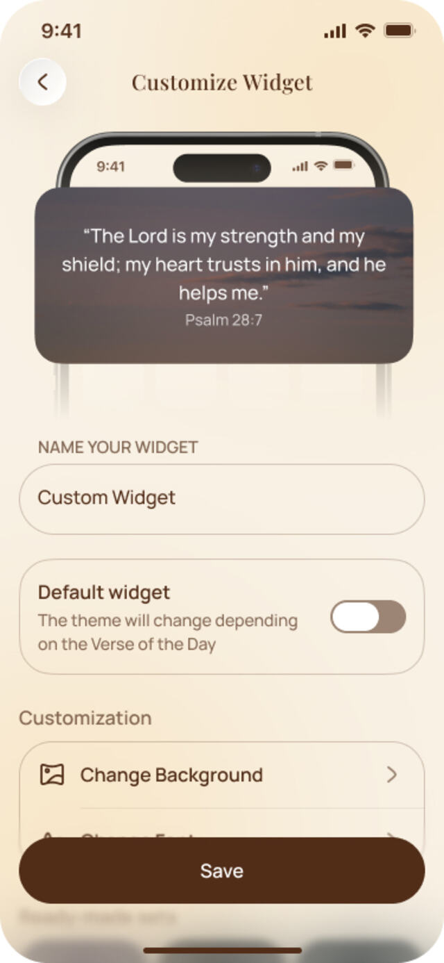 SoulVerse widget customization screen with background and font options