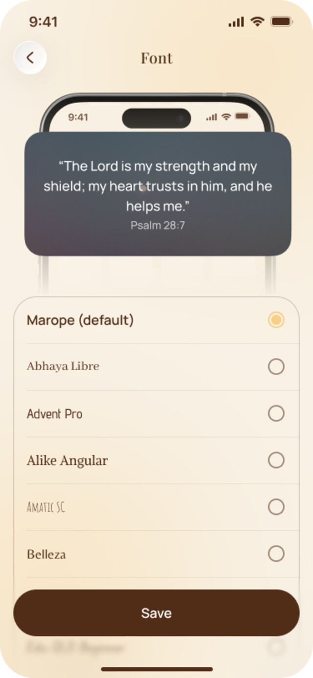 Font selection screen for the SoulVerse Bible widget